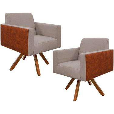 Imagem de Kit 02 Poltronas Decorativa Giratória de Madeira Helô L02 Linho Bege Couríssimo Camel - Lyam Decor
