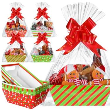 Imagem de Jenaai Conjunto de 36 cestas de presente de Natal, 25 x 17 cm, cestas de Natal vazias vermelhas e verdes listradas com laços, fitas, bandejas, caixa de presente de apreciação DIY para lembrancinhas de