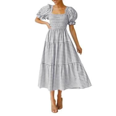 Imagem de ZESICA Vestido midi feminino 2024 boêmio de verão xadrez gola quadrada manga bufante babados rodado praia, Cinza, G