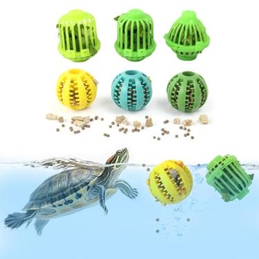 Imagem de 6 peças de brinquedos de tartaruga para tartarugas aquáticas com bola alimentadora de tartaruga - 3 redes de alimentação + 3 bolas de alimentação de cores diferentes - acessórios de tanque de