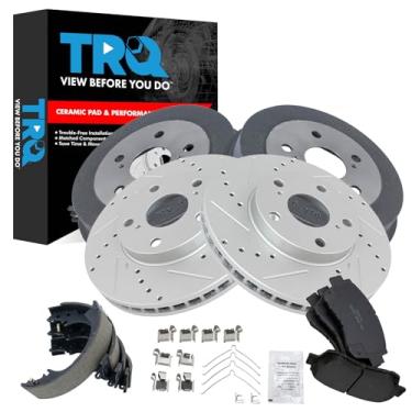 Imagem de TRQ Pastilha de freio e rotor, kit de sapata e tambor premium G-Coated Slotted X Drilled Ceramic Performance Compatível com Toyota Camry 1996-2000
