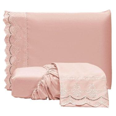 Imagem de Jogo De Lençol Realce Casal 3 Peças Percal 300 Fios Bordado Inglês Macio - Rose - 100% Poliéster