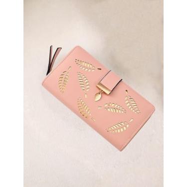 Imagem de Carteira feminina longa dobrável - Bolsa clutch de couro com zíper, organizador fino com bloqueio de RFID para cartões de crédito, rosa, Medium, liso