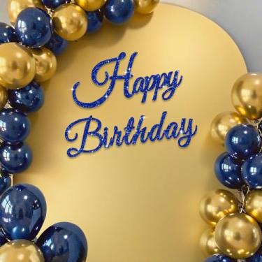 Imagem de TONIFUL Placa de feliz aniversário para pano de fundo - Faixa de feltro azul marinho com glitter - Inclui cola de bolinhas - perfeita para decoração de parede, cenário de festa de aniversário, arco de
