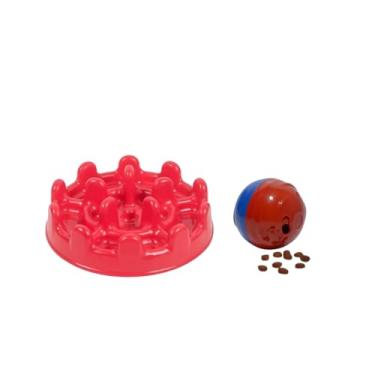 Imagem de Kit Redondog PP Brinquedo Interativo Para Cachorros e Gatos Pequenos E Comedouro Lento Mini Pet Fit (Vermelho)