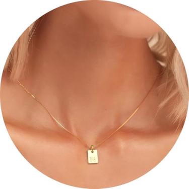 Imagem de Colar com inicial feminina, pingente retangular banhado a ouro 18K, joia mínima de A a Z, colar personalizado, 18+2in, Aço inoxidável, Sem Pedra Preciosa