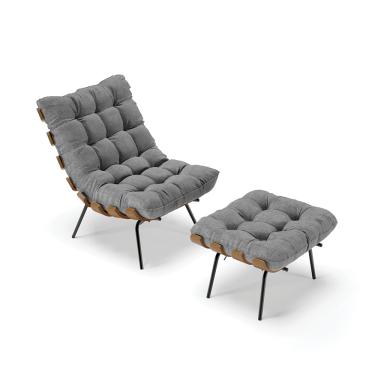 Imagem de Kit 01 Poltrona e 01 Puff Costela Linho Grafite A26 Base Metálica Preto - D'Rossi