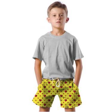 Imagem de Shorts Infantil Bermuda Calção Praia Verão Coração Amor Arte Vermelho 