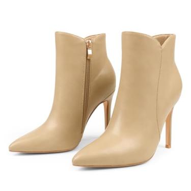 Imagem de JOY IN LOVE Botas femininas até o tornozelo 10 cm salto alto agulha bico fino com zíper, Cáqui fosco, 34