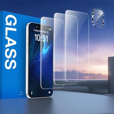 Imagem de [Pacote com 3+1] Pacote com 3 protetores de tela + 1 pacote com protetor de lente de câmera para iPhone 13 Mini, cobertura total, dureza 9H, vidro temperado, transparente HD, resistente a arranhões