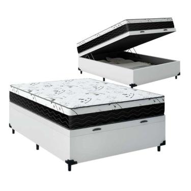 Imagem de Cama Box Baú Casal 138 Tecido Sintético Branco Com Colchão Espuma D33 One Face Preto - Bello Box - 58x138x188