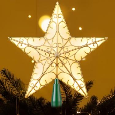 Imagem de Nuanchu Enfeite de árvore de estrela de Natal com brilho de 26 x 24 cm, enfeite de topo de estrela de Natal com 20 luzes de LED, refletor de Natal, decorações iluminadas de topo de árvore (verde