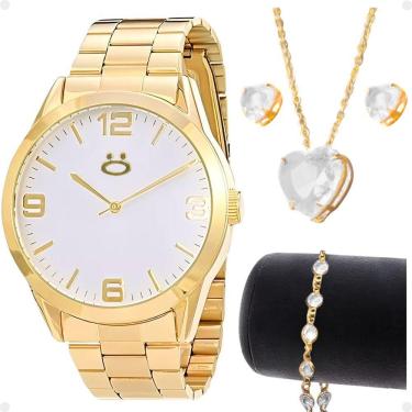 Imagem de Relogio Feminino Aço Inox Dourado + Colar Strass + Brincos