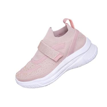 Imagem de Tênis feminino fashion casual com detalhes em strass, boca profunda, sola grossa, respirável, com contas, tecido para lazer atlético, rosa, 35