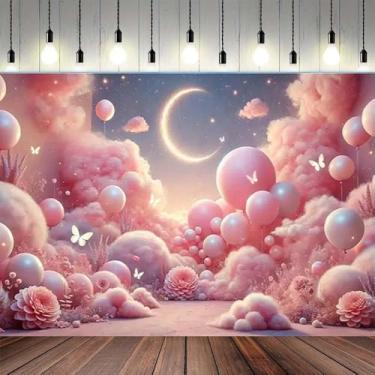 Imagem de Nuvem de algodão rosa sonho lua e balões pano de fundo rosa borboleta flores lua e estrelas luz decoração recém-nascido crianças bebê primeiro aniversário decoração fundo (A, 2,1 x 1,5 m)