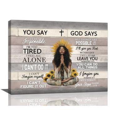 Imagem de Arte de parede afro-americana, decoração de parede com imagens de mulheres negras, impressões em tela de meninas negras, pintura Deus diz que você é cristão, arte emoldurada com versículo bíblico