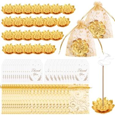 Imagem de Pacote com 72 presentes Diwali em massa, suporte de incenso de lótus, presentes indianos de retorno para Pooja Bulk, suporte de palitos de incenso de lótus dourado com sacos de organza e cartões de