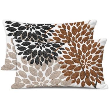 Imagem de WitHero Conjunto de 2 capas de almofada decorativas, dupla face, 30,5 x 50,8 cm, linho branco, marrom, caramelo, preto, fazenda, interior, exterior, moderno, floral, dália, flores, capa de almofada