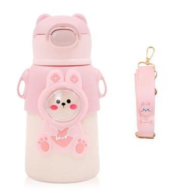 Imagem de Garrafinha C/ Canudo Squeeze Infantil Garrafa Bebe Térmica Alça Rosa