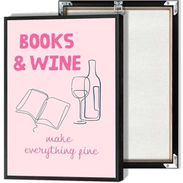 Imagem de Books & Wine Make Everything Fine Canvas Wall Art Minimalista Linha Posters Rosa Relaxado Estilo Aconchegante Impressões para Sala de Estar Quarto Dormitório Decoração de Parede 30 x 40 cm Sem Moldura