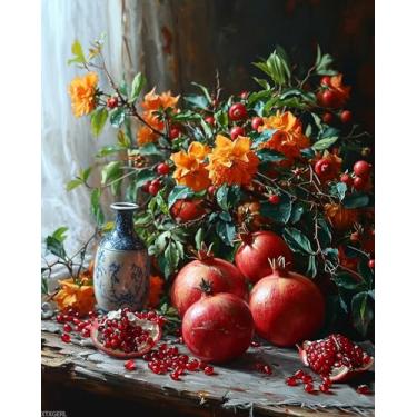 Imagem de XTXGERL Pintura por números em tela, romãs rechonchudas, kit de pintura a óleo em tela DIY para adultos para quarto, escritório, arte, decoração, 40 x 50 cm, vibrante