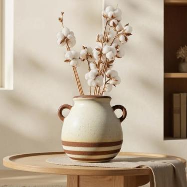Imagem de Vaso de cerâmica rústico de fazenda, design pastoral com 2 orelhas, vasos de terracota vintage boho para buquê, plantas falsas, adequado para decoração de casa, prateleira, mesa de jantar, sala de