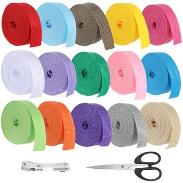 Imagem de OMISTAR Conjunto de correias de 15 cores, correia de algodão de poliéster de 2,5 cm de espessura com tesoura e fita métrica, correia de nylon resistente para artesanato DIY, alças de bolsa, coleiras