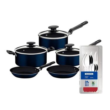 Imagem de Conjunto de Panelas 5 Peças Tramontina Ravena Starflon Max Azul + Faqueiro 12 Peças Tramontina Leme Vermelho