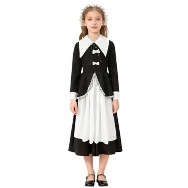 Imagem de Okbebe Roupa de peregrino para meninas, vestido colonial infantil pioneira com chapéu (preto 7-8T)