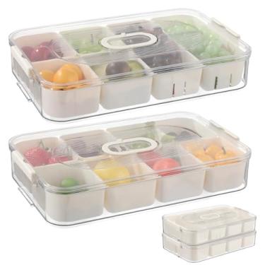 Imagem de OMISTAR 2 recipientes empilháveis para lanches, caixa de piquenique reutilizável com divisórias removíveis, tampa transparente com mostrador e fivela, organizador de lanches para geladeira, frutas