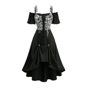 Imagem de ROSE GAL Vestido feminino plus size gótico steampunk renascentista ombro vazado midi com cadarço caveira jacquard, Preto, 2X
