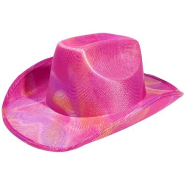 Imagem de Timlotti Chapéu de vaqueira rosa holográfico espaço vaqueira chapéu neon brilhante cowboy espaço glitter discoteca para fantasia fantasia acessórios de festa
