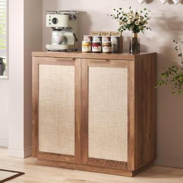 Imagem de HOMMPA Aparador de vime buffet armário de armazenamento de cozinha com portas boho grande armário de madeira com prateleiras ajustáveis para sala de jantar, cozinha, sala de estar, corredor, entrada