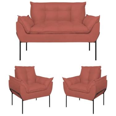 Imagem de Kit 02 Poltronas + Namoradeira Pé Metal Preto Recepção Sala Cor:rosa