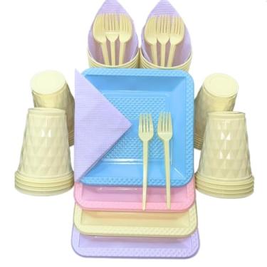 Imagem de Kit Festa Aniversario 180 Itens Candy Descartavel Diamante Premium C/Pratos Copos Garfinho Cor Pastel Azul Rosa Amarelo (Sortidos Candy 03)