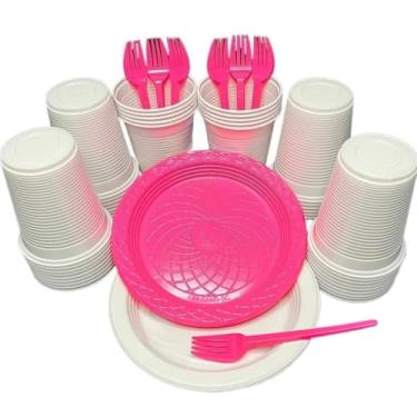 Imagem de Kit 300 Itens Festa Aniversário Descartáveis Plástico Colorido Perolado 100 Pessoas Completo Pratinho Garfinhos Copos (Branco Pink)