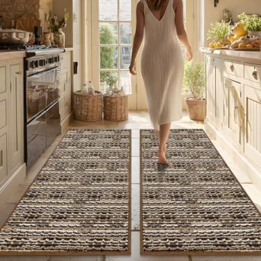 Imagem de Conjuntos de 2 tapetes de cozinha antiderrapantes para piso grosso resistente a manchas vintage tapete de cozinha tapete de corredor para corredores entrada lavanderia lavável (marrom 51 x 119 cm + 51