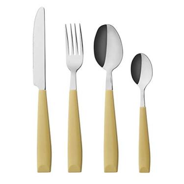 Imagem de Conjunto de talheres EXZACT de 16 peças – Conjunto de talheres de aço inoxidável para talheres e utensílios com alças coloridas confortáveis para segurar – 4 garfos de jantar, 4 facas de mesa, 4 colheres de chá, 4 colheres de chá, Pastel Yellow