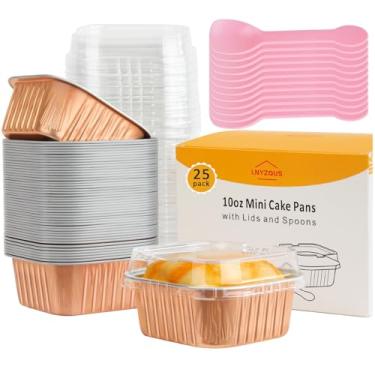 Imagem de LNYZQUS Mini formas para assar bolos de 10 x 10 cm com tampas, pacote com 25, copos pequenos de 283 g, recipientes quadrados descartáveis de forma de pão, mini formas de bolo individuais, suportes