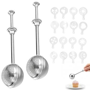 Imagem de Pacote com 2 espanadores de farinha, espanador de farinha para assar pão, espanador de açúcar em pó, espanador de açúcar em pó, com 16 peças de estênceis de café para assar.