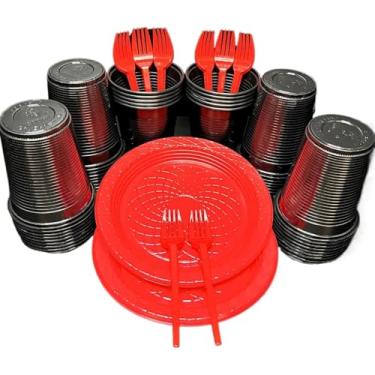 Imagem de Kit 300 Itens Festa Aniversário Descartáveis Plástico Colorido Perolado 100 Pessoas Completo Pratinho Garfinhos Copos (Preto Vermelho)