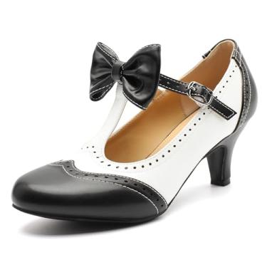 Imagem de Rjclyh Sapato feminino com tira em T Mary Jane Oxfords vintage laço médio salto gatinho lolita bico redondo sapato social para festa de casamento, Preto e branco, 41