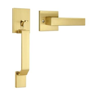 Imagem de Probrico Maçaneta de porta frontal dourada, maçaneta de porta de entrada moderna com alavanca reversível, maçaneta de porta de passagem quadrada sem trava