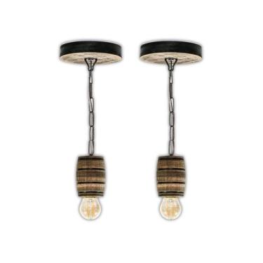 Imagem de Kit 2 Luminárias Pendente Lustre Rústico em Madeira Maciça Barril Colo