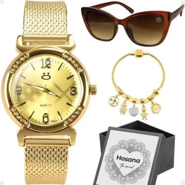 Imagem de Relogio Feminino Dourado Aco + Oculos Sol + Pulseira Qualidade Premium Silicone Personalize Social