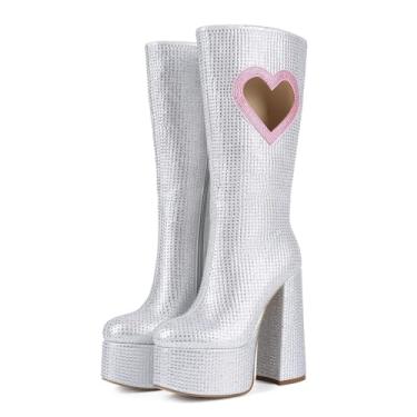 Imagem de Frankie Hsu Sweet Cute Lovely Bota de salto alto com plataforma grossa, prata, rosa, coração, strass, gema quente, grande, tamanho grande, panturrilha larga, botas longas para mulheres e homens, Prata