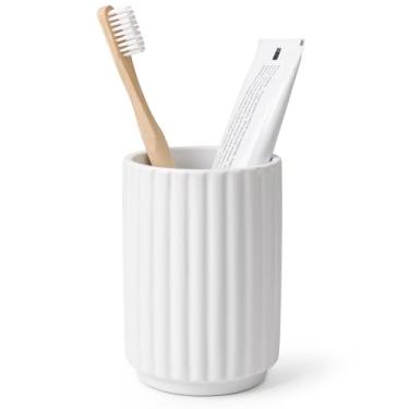 Imagem de Suporte de escova de dentes, suporte de escova de dentes para banheiro - suporte de escova de dentes de cerâmica para bancada, suporte de pincel de maquiagem com design listrado, suporte de caneta