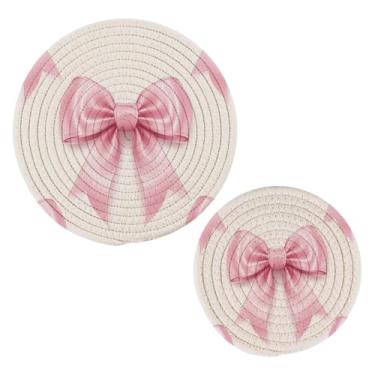 Imagem de Blueangle 2 peças de suporte de panela com laços de fita - conjunto de pegadores de panela de tecido redondo - almofadas quentes trançadas de algodão - porta-copos - tapetes de mesa para cozinhar e