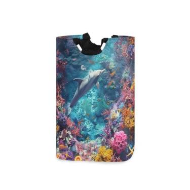 Imagem de Blueangle Cesto de lavanderia dobrável colorido de recifes de corais com alças - Saco de cesto de roupa impermeável dobrável | Solução de armazenamento de roupas para dormitório doméstico que