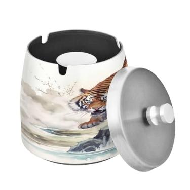 Imagem de Blueangle Cinzeiro Tiger Wave com tampa para cigarros, à prova de vento/chuva, aço inoxidável, sem fumaça, inodoro, cinzeiro para uso interno ou externo (357)